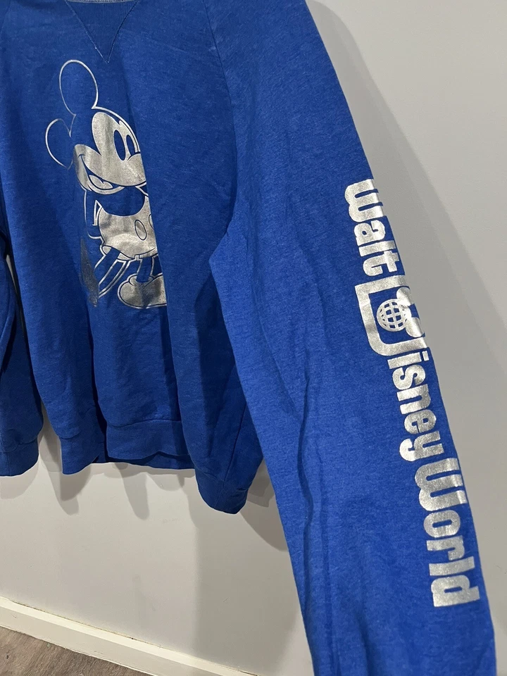 WALT DISNEY WORLD Sweatshirt Sz M Mickey Mouse Silver Foil Pull Over Blue - Image 4 of 4