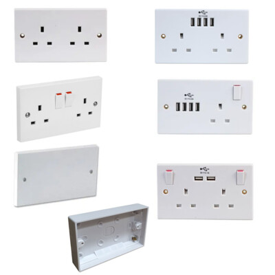 13A DOPPEL Steckdose Wand geschaltet 2 Gang Stecker USB Abdeckplatte Back Box 4