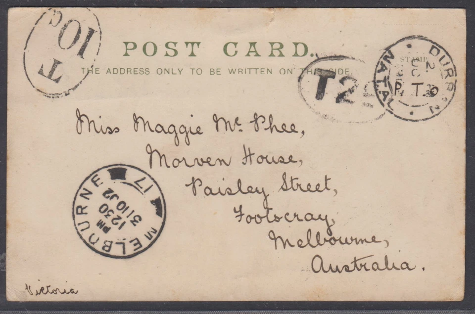 Южная Африка - Natal 1902 открытка (здание парламента) в Австралию с Дурбан cnl - Изображение 2 из 2