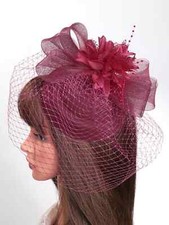 NEW Women's Beaded Mesh Flower Bow Decor Pillbox Hat Hair Clip in Burgundy