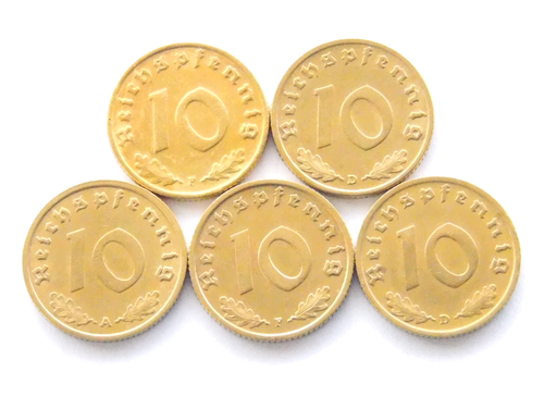 Lot GERMAN 5x 10 REICHSPFENNIG Coins 1937 - 1939 Brass SWASTIKA 3RD WW2 Pfennig - Picture 3 of 3