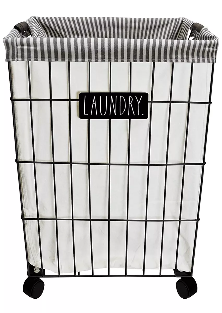 Rae Dunn Rolling LAUNDRY BASKET METAL Striped Black White
