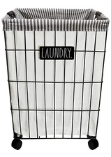 Rae Dunn Rolling LAUNDRY BASKET Hamper Striped Black & White ~ Linen Liner ~ NEW