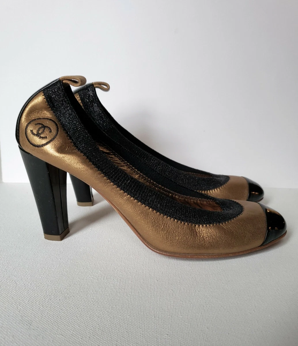 CHANEL gold bronze metallic black leather patent ballet heels