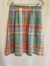 Orvis VTG Multicolored Plaid Pleated 100 Linen Skirt With Side Zip Pockets Sz8