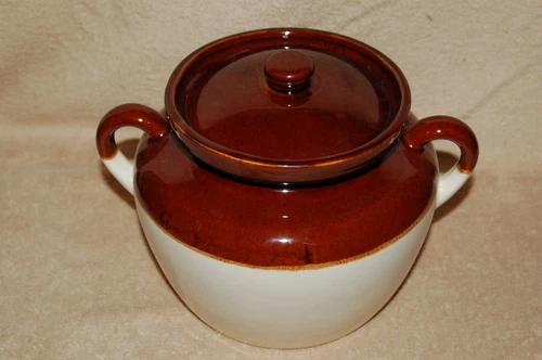 McCoy Pottery Brown & Beige Bean Pot 343 Cookie Jar w/ Lid  Made in USA 3qt