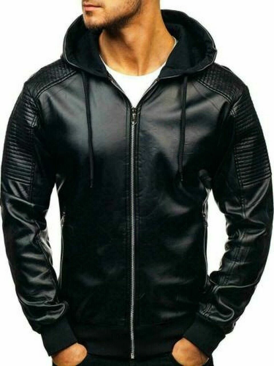 Men Genuine Leather Hooded Fashion Biker Jacket Bomber Black Café Racer Slim Fit