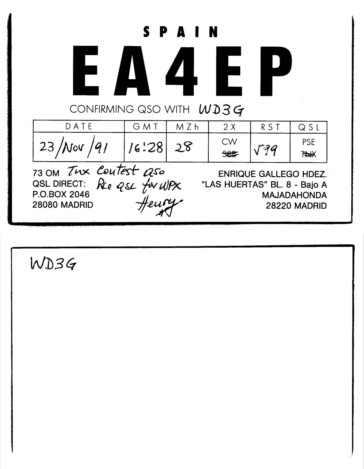Radioaficionado QSL QSO Postal EA4EP, Majadahonda, Madrid, España