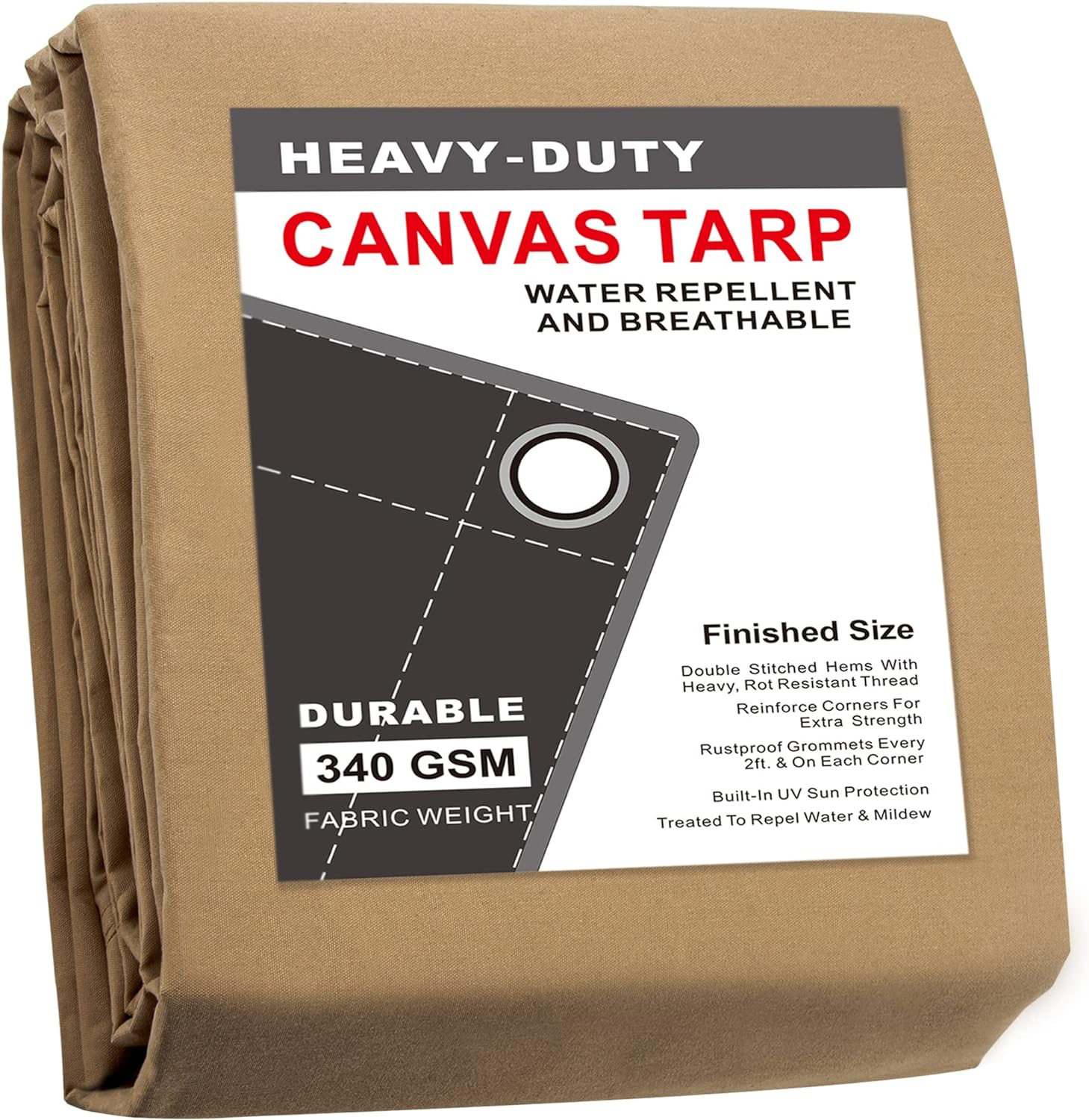 Finished Size 12X20 Feet Tan Canvas Tarp with Rustproof Grommets, 12 Oz Heavy Du