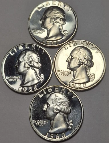 1958 Through 1961 Gem Cameo Proof Silver Washington Quarters. 4 Coins