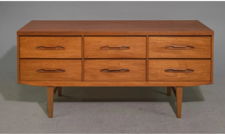 Cómoda moderna vintage de teca de mediados de siglo - Cómoda Lowboy de 6 cajones Foto 4 de 4