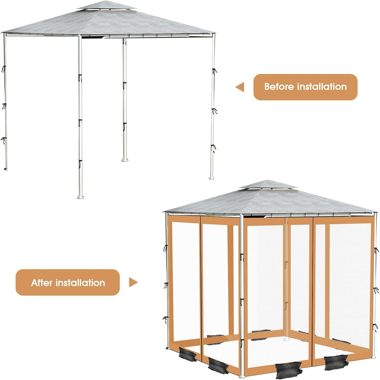 Replacement Mosquito Netting for Gazebo Screen Canopy Mesh Walls with Sandbags.