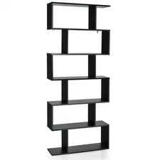 6 Tier S-Shaped Bookshelf Storage Display Bookcase Decor Z-Shelf Black