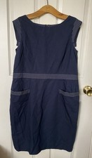 Jaegar 100% Linen dress size18 navy blue midi lined pencil short sleeves pockets