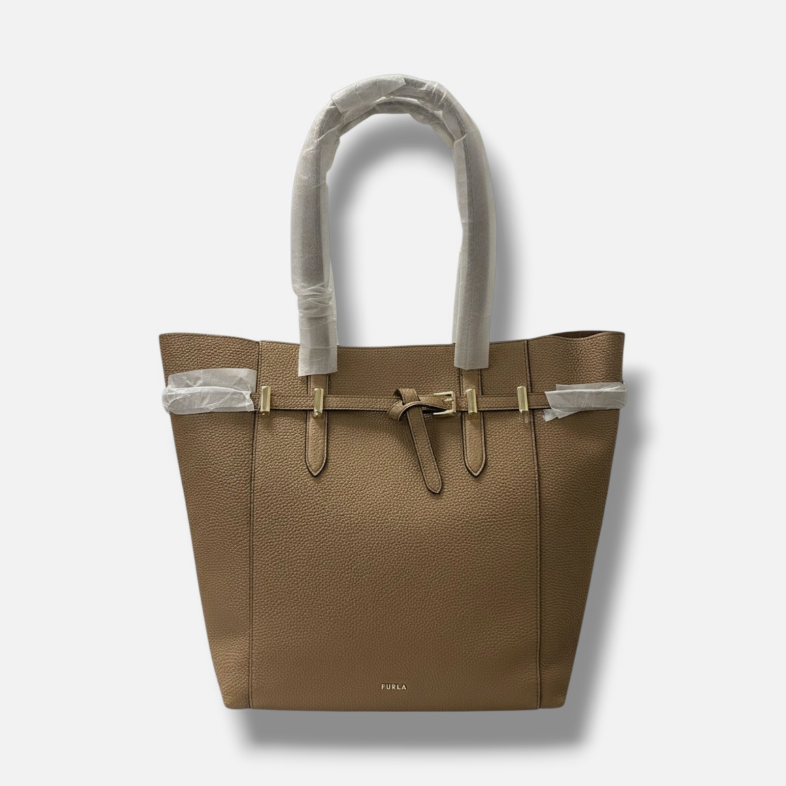Furla Women's Brown Grained Leather Magnetic Belted Aura Tote Bag