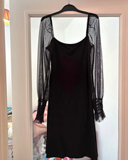 Dorothy Perkins Black Sheath Dress UK 10 Sheer Mesh Long Sleeve Scoop Neck
