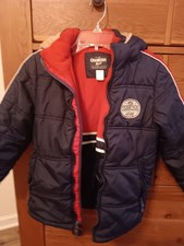 OshKosh B'gosh Boys Hooded Coat Jacket Size L 7 Navy Blue Classic Retro Red Wh