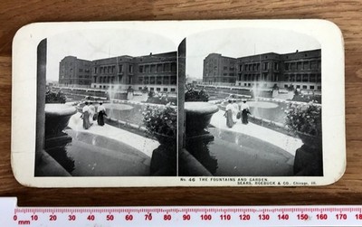 Vintage B&W Printed Sears Roebuck Chicago IL Stereoview 46 FOUNTAINS AND GARDENS