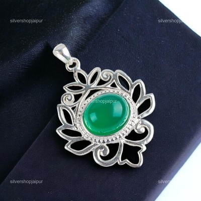 925 Silver Oval Green Onyx Stone Daughters Day Louts Everday Pendant Jewelry