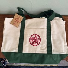 NWT trader Joe's large canvas shopping tote bag cream dark evergreen new holiday