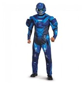 Adult Blue Spartan Muscle Men's Halo Tv Movies Jumpsuit Costume with Helmet