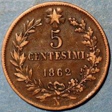 Italia 5 Centesimi 1862 Napoli Vittorio Emanuele Il KM# 3,3