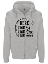Here Fishy Fishy Funny Fishing Fisherman Mens Zip Up Hoodie