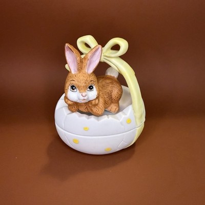 Lefton Easter Egg Bunny  2-pc Egg Trinket Box Yellow Bow Lid 1983 Box Easter