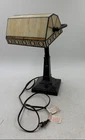 Beige Black Stained Glass Tiffany-Style Geometric Shade Electric Bankers Lamp