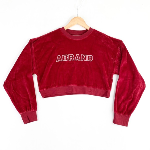 Abrand Jeans Velvet Cropped Sweatshirt Womens Size 8 Red White Logo Embroidered