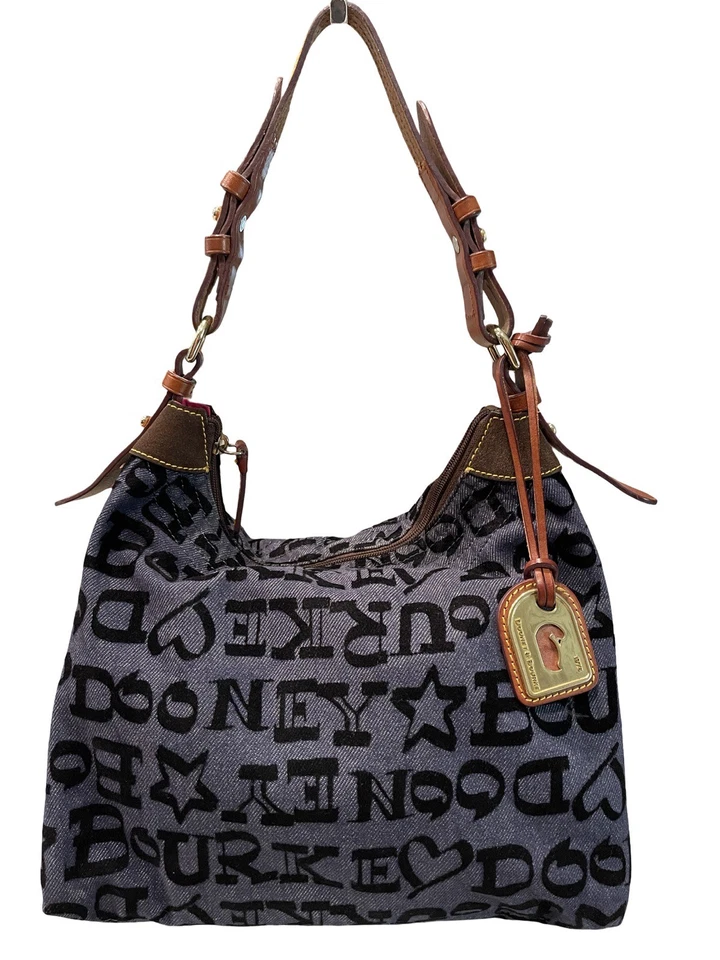 Dooney & Bourke Blue Denim and Velvet Monogram Hobo Shoulder Bag Leather Strap - Image 2 of 4