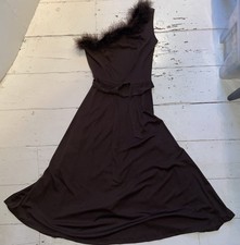 Vintage One Shoulder Feather Trim Dress Brown Polyester Vtg 12 New Other (pd