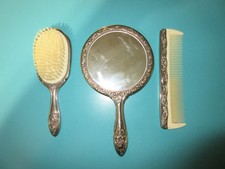 VINTAGE STERLING SILVER PLATED VANITY SET MIRROR, COMB, & BRUSH RARE ANTIQUE