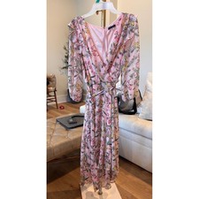 Tommy Hilfiger Pink Floral Chiffon Wrap Midi Dress Ruffles- Size 12-Easter