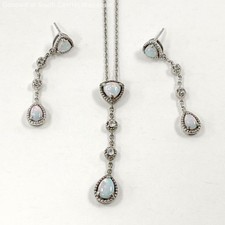 Sterling Silver Simulated Opal, White Sapphire Pendant Necklace &Earrings, 7.18g