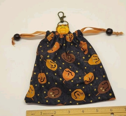 Handmade Small Hanging Halloween Treat Drawstring Bag With Pumpkins 🎃 6" x 8" - Picture 2 of 10