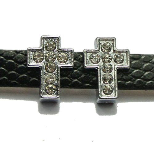 10 Silver Tone Alloy Rhinestone Cross Slide Charms Beads Fit 8mm Wristbands - Picture 3 of 6
