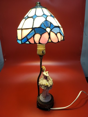 Antique Dresden Lace Ballerina Dancing Figurine Lamp Tiffany Style glass shade - Picture 4 of 12