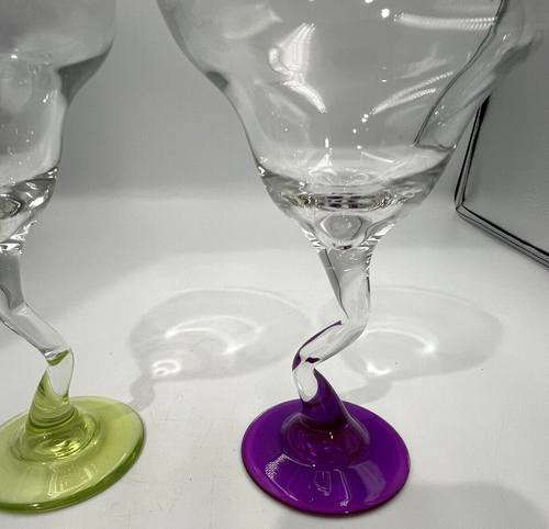 2 vasos Libbey Margarita Martini soplados a mano vástago Z vidrio artístico multicolor 7" EE. UU. - Imagen 8 de 14