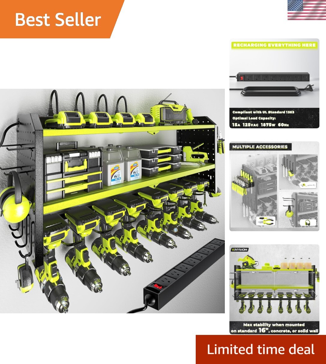 Power Tool Organizer with 8-Outlet Charging Station and Large Storage Space