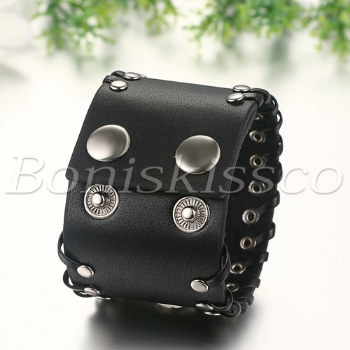 Men's Punk Rocker Gothic Heavy Wide Rivet Leather Wraps Cuff Bracelet Wristband - Picture 39 of 40