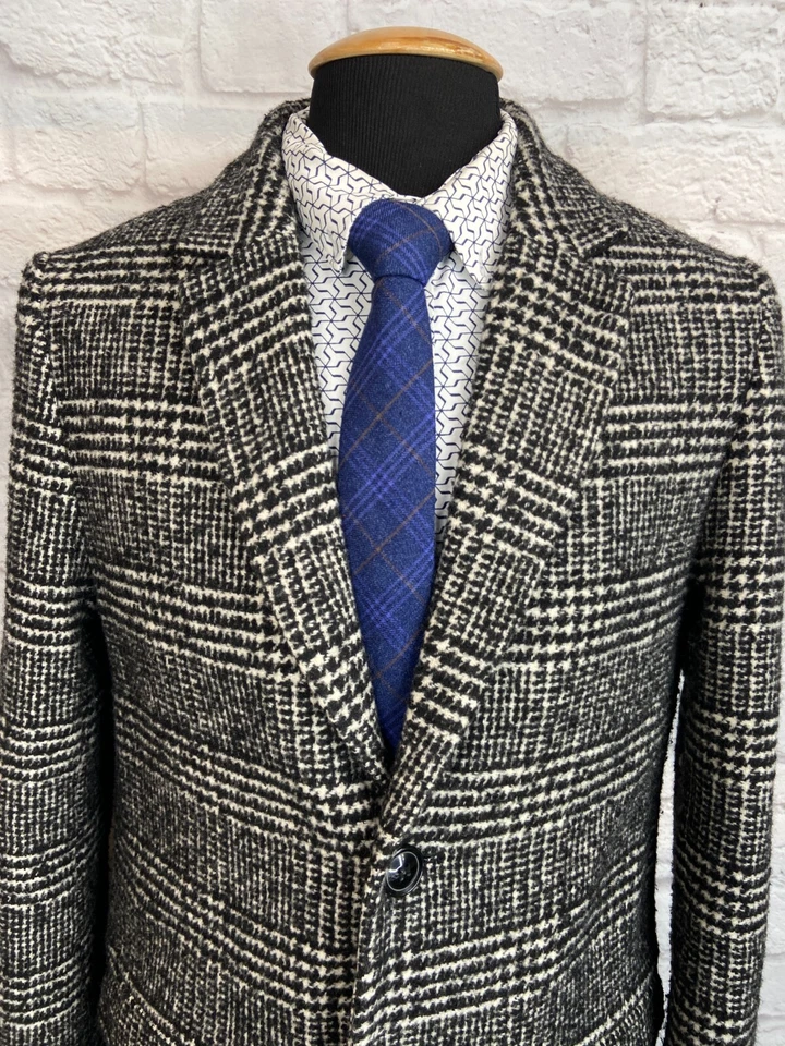 H&M Mens Gray GLEN PLAID Wool SLIM FIT Button-Front Topcoat OVERCOAT SIZE 36R - Image 2 of 4