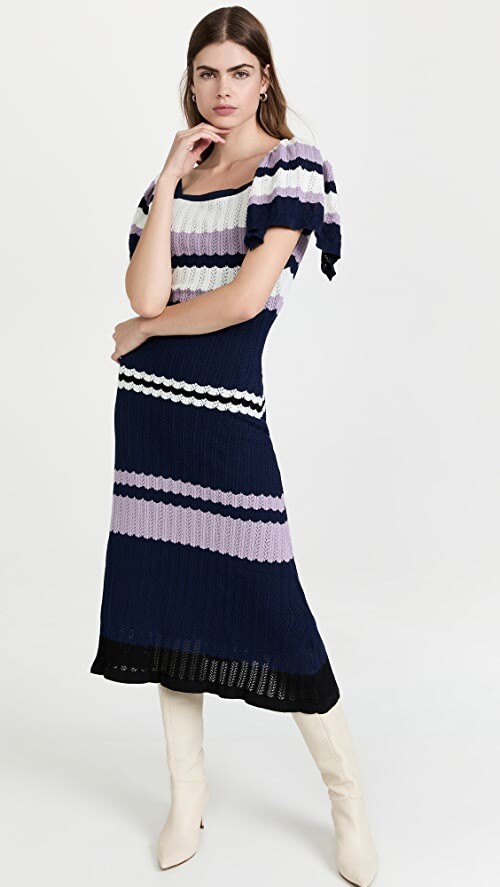 adam lippes knit dresses Striped Ribbed-Knit Dress Size XS navy blue high neck satin dress