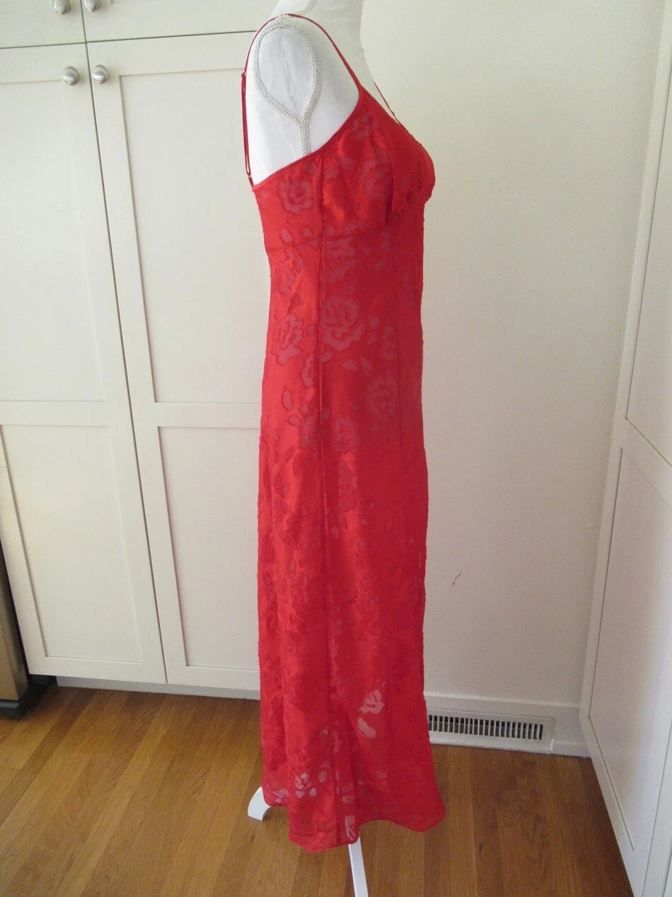 UNDERCOVER Abito vintage Victoria’s Secret rosso raso pizzo burnout floreale rosa spacco slip S