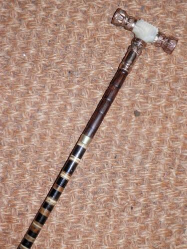 Antique Gold Plate Cane Whip W/ Mother Of Pearl & Bovine Horn Washers Shaft - Afbeelding 1 van 5