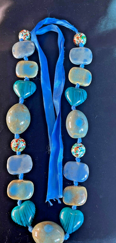 Handcrafted Ceramic Bead Necklace – 6” Blueand aqua blue size 28"