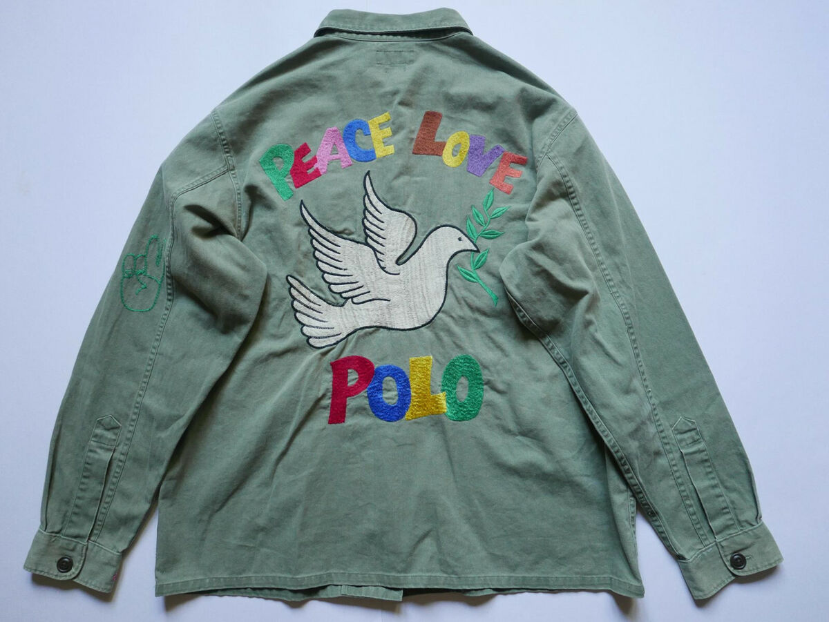 Polo Ralph Lauren Jacket Overshirt Military Peace Love Patches Embroidered  M L