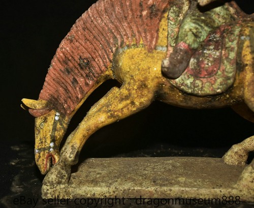 11.6" Old Chinese Tang Sancai Pottery Dynasty Bow your head horse People Statu - Picture 2 of 12