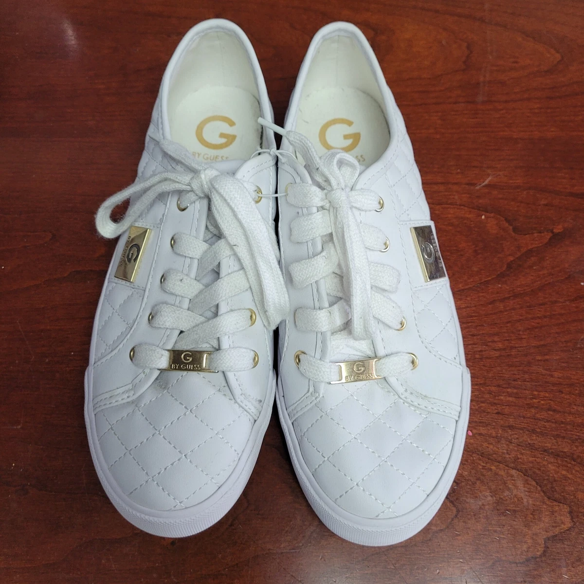 GUESS Womens White Quilted Tennis Shoe Sneaker Leather Gold Accent Size 9  1/2 | eBay