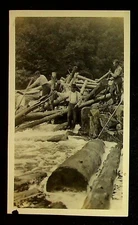 Logging Operation By Several Men In Woods Water Rapids Original B&W Photo 1910's